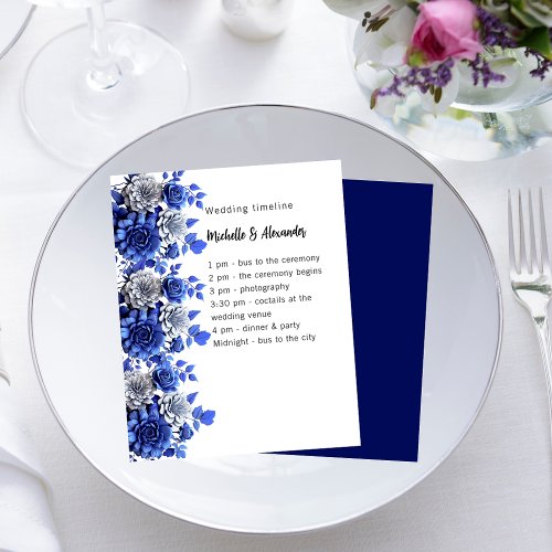 Blue white floral script budget wedding program flyer