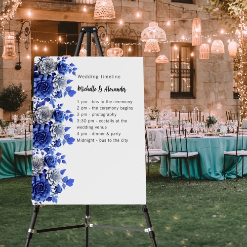 Blue white floral script budget wedding program foam board