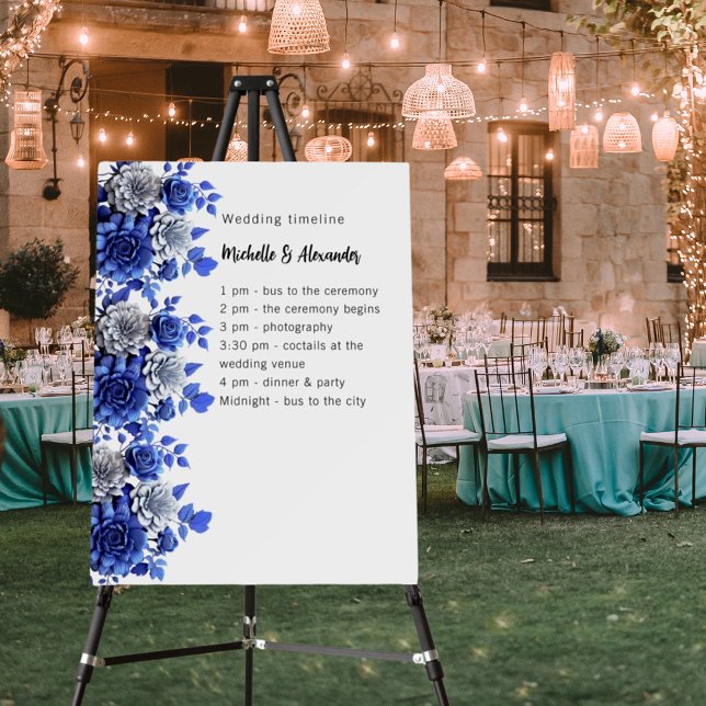 Blue white floral script budget wedding program foam board (Creator Uploaded)