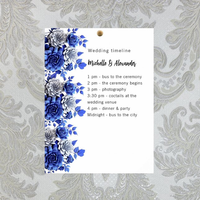 Blue white floral script budget wedding program poster (Creator Uploaded)