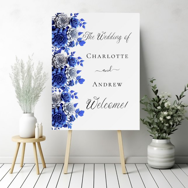 Blue white floral script welcome wedding foam board (Creator Uploaded)