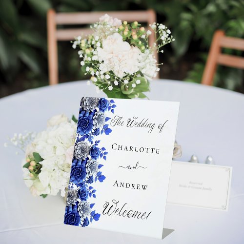Blue white floral script welcome wedding pedestal sign