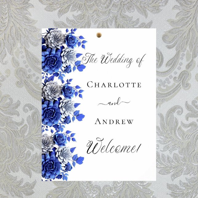 Blue white floral script welcome wedding poster (Creator Uploaded)