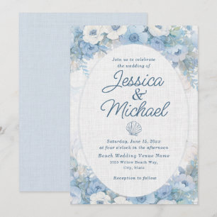 Blue White Floral Seashell Coastal Beach Wedding Invitation