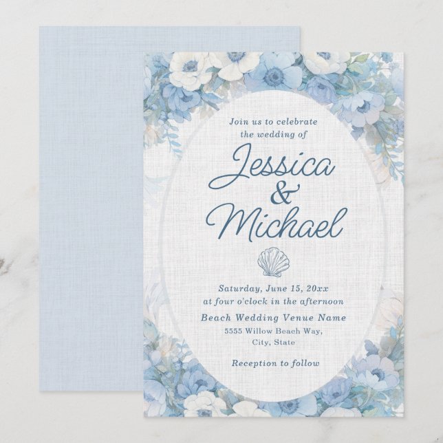 Blue White Floral Seashell Coastal Beach Wedding  Invitation (Front/Back)