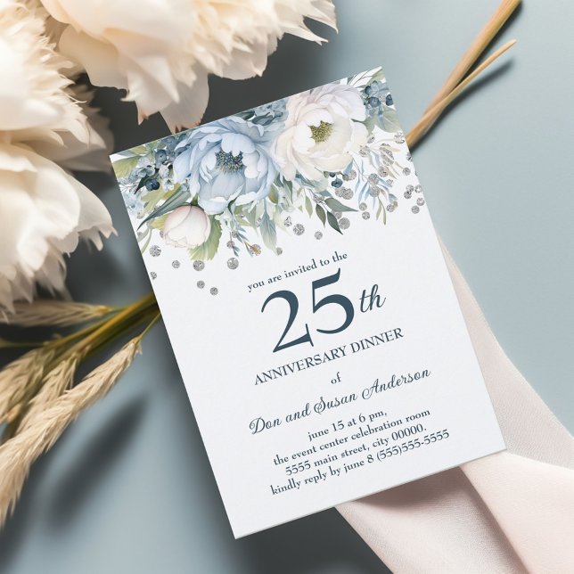 Blue White Floral Silver Glitter 25th Anniversary Invitation (Dusty blue and white watercolor floral 25th wedding anniversary invitation)
