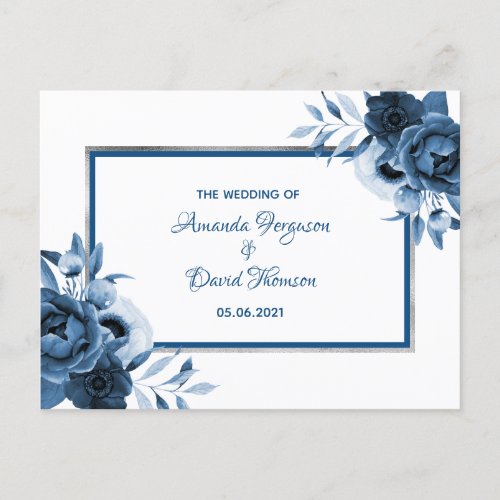 Blue white floral silver wedding reception details postcard