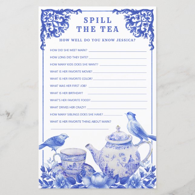 Blue & White Floral Spill the Tea Shower Game (Front)
