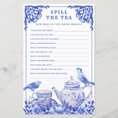 Blue  White Floral Spill the Tea Shower Game