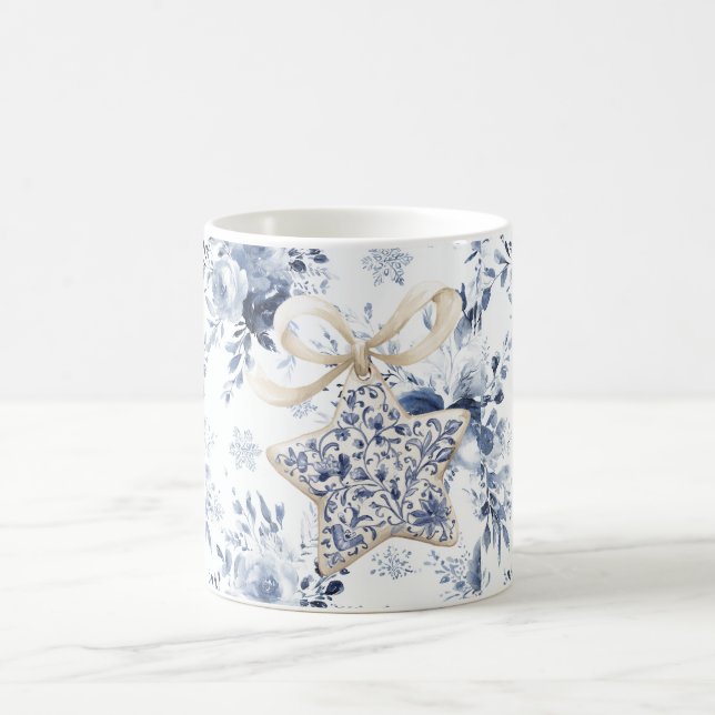 Blue White Floral Star Christmas Ornament Coffee Mug (Center)