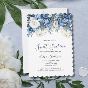 Blue White Floral Sweet Sixteen 16 Birthday Invitation