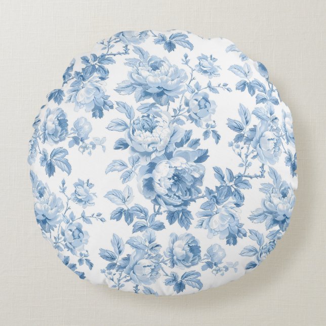 Blue & White Floral Toile Round Pillow (Front)