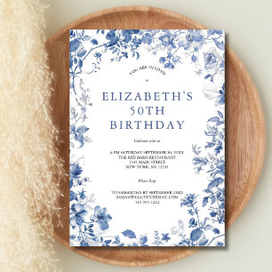 Blue White Floral Toile Watercolor 50th Birthday Invitation