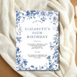 Blue White Floral Toile Watercolor 60th Birthday Invitation
