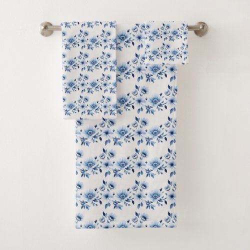 Blue White Floral Toile Watercolor Gift Bath Towel Set