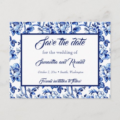 Blue  White Floral Toile Wedding Save the date Announcement Postcard