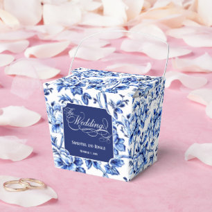 Blue & White Floral Toile with Calligraphy Wedding Favor Boxes