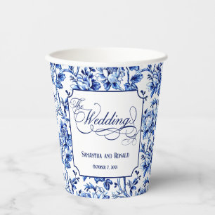 Blue & White Floral Toile with Calligraphy Wedding Paper Cups