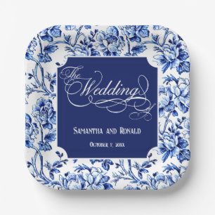 Blue & White Floral Toile with Calligraphy Wedding Paper Plates