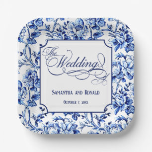 Blue & White Floral Toile with Calligraphy Wedding Paper Plates