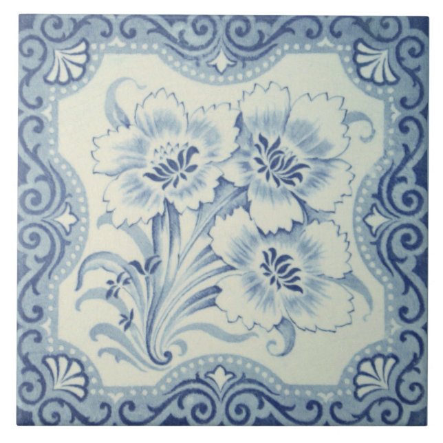 Blue & White Floral Victorian Majolica Antique Ceramic Tile (Front)