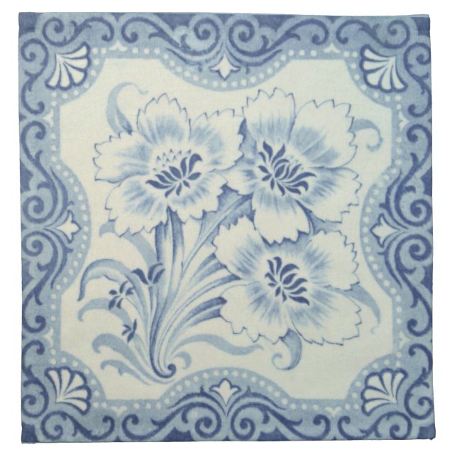 Blue & White Floral Victorian Majolica Antique Cloth Napkin (Front)