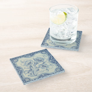 Blue & White Floral Victorian Majolica Antique Glass Coaster