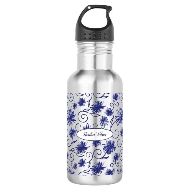 Blue White Floral Water Bottle with Name (Front)