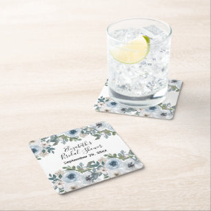 Blue White Floral Watercolor Bridal Shower Square Paper Coaster