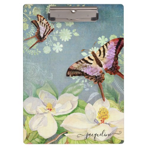 Blue White Floral Watercolor Butterfly Magnolias Clipboard