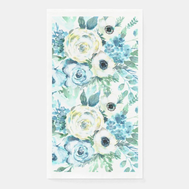 Blue White Floral Watercolor Elegant Guest Towels (Front)