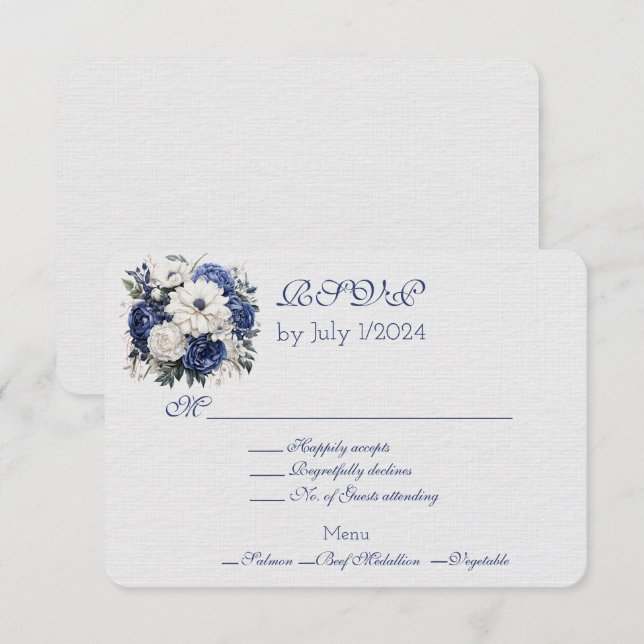 Blue White Floral Wedding Bouquet Response Card (Front/Back)