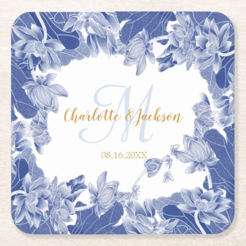 Blue White Floral Wedding Couple Name Square Paper Coaster
