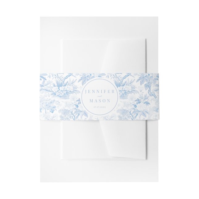 Blue white floral wedding invitation belly band (Front Example)