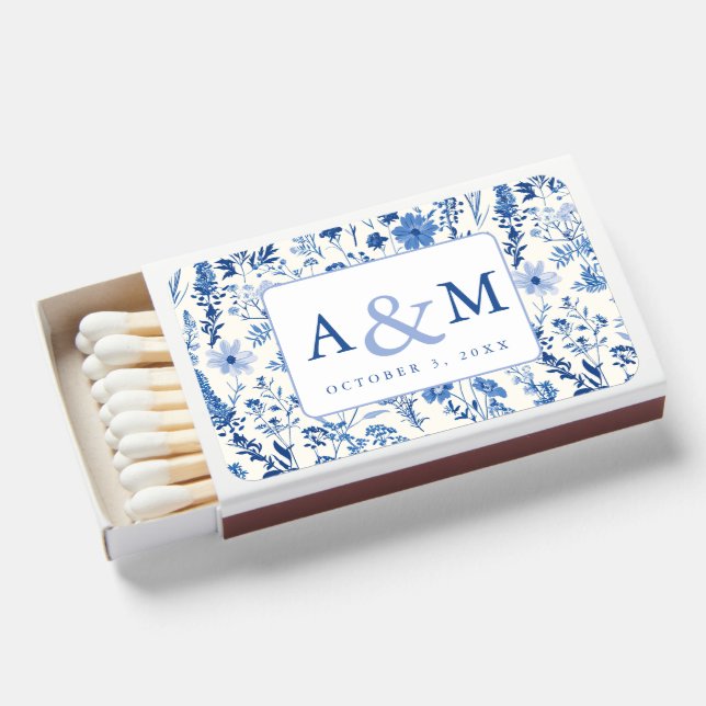 Blue & White Floral Wedding Monogram Matches (Front Open)