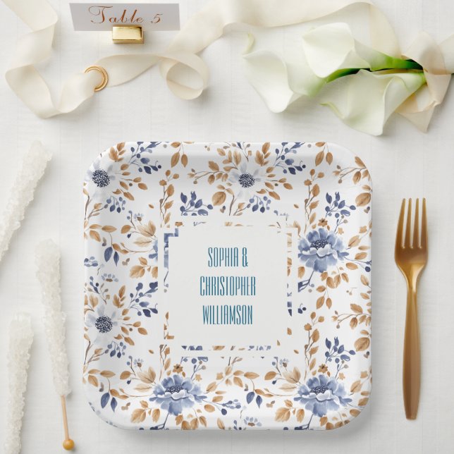 Blue White Floral Wedding Paper Plates (Wedding)