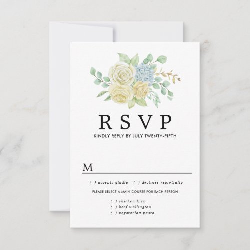 Blue White Floral Wedding RSVP Card Meal Options