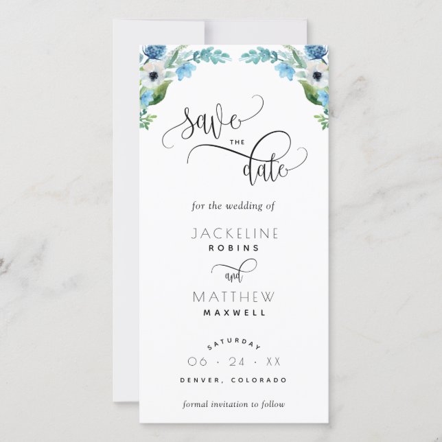 Blue, White Floral Wedding Save The Date Bookmark (Front)