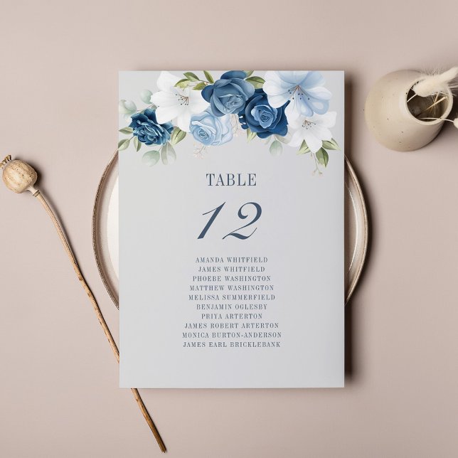 Blue White Floral Wedding Seating Chart Card (Dusty Blue Floral Wedding Reception Table Number Card)