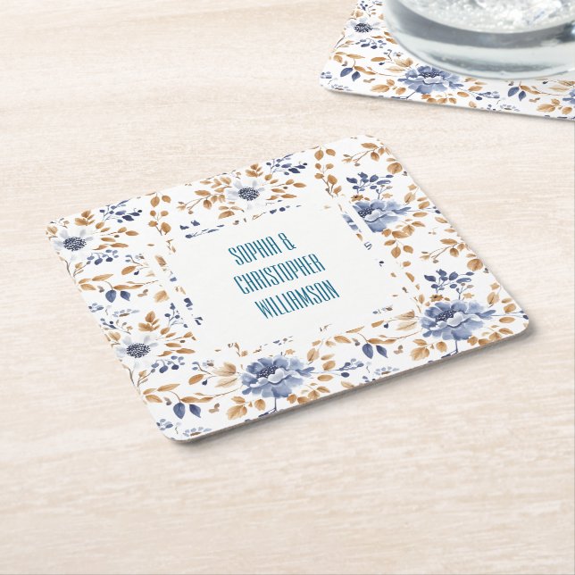 Blue White Floral Wedding Square Paper Coaster (Angled)