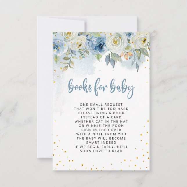 Blue White Floral with Gold Glitter Books for Baby Invitation (Front)