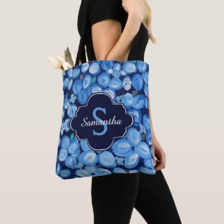 Blue White Floral With Monogram Tote Bag