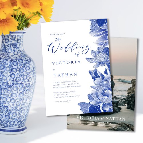 Blue  White Floral with Photo Chinoiserie Wedding Invitation