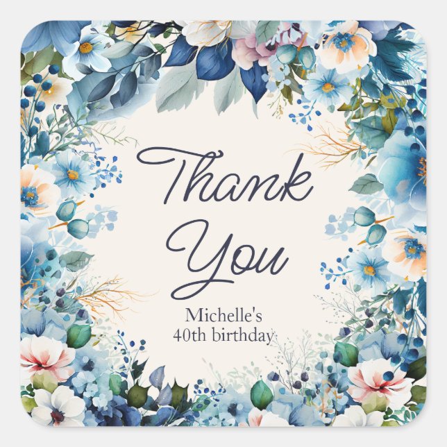 Blue White Floral Women's Birthday Thank You Square Sticker (Front)