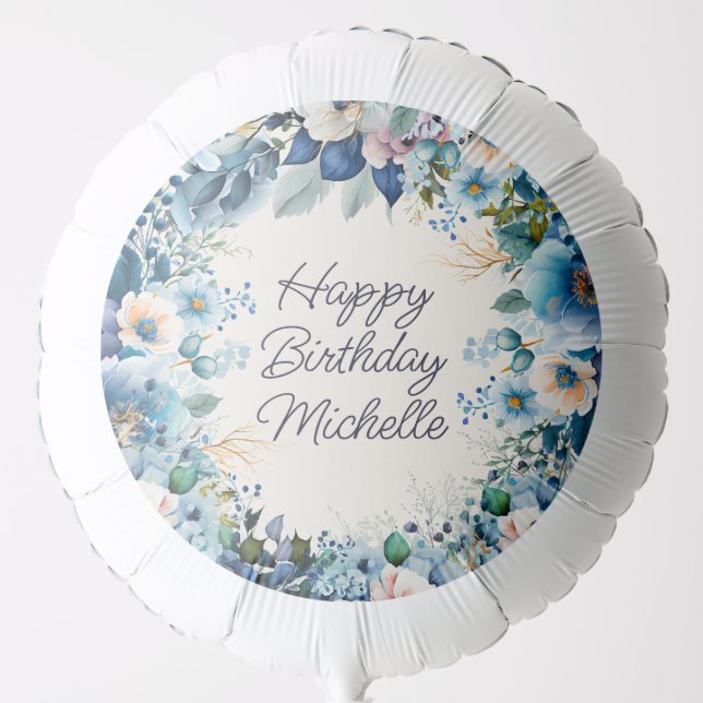 Blue White Floral Women's Happy Birthday Balloon (Front)