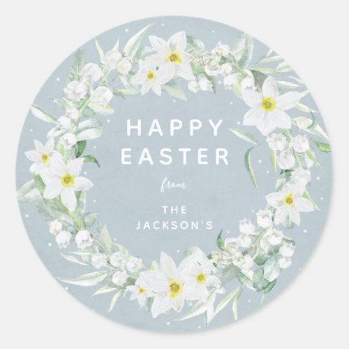Blue  White Floral Wreath Easter Message Classic Round Sticker