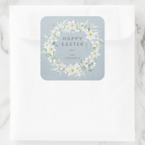 Blue  White Floral Wreath Easter Message Square Sticker