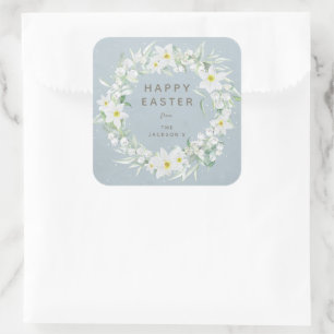 Blue + White Floral Wreath Easter Message Square Sticker
