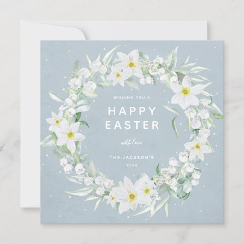 Blue  White Floral Wreath Happy Easter Flat Card