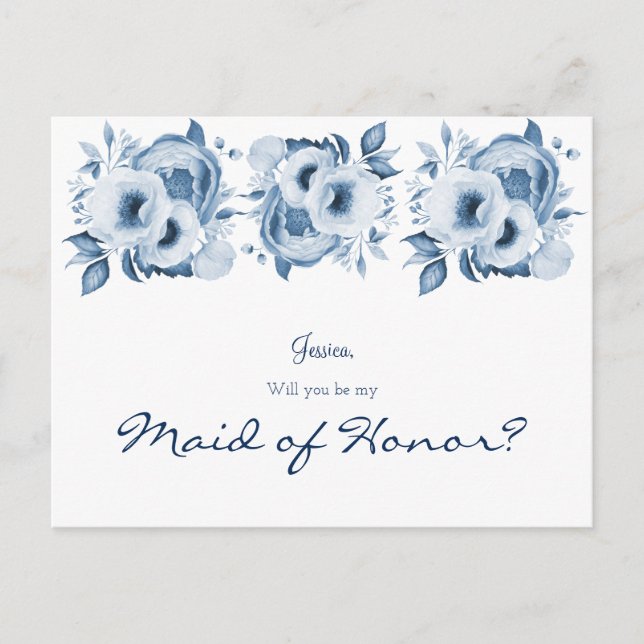Blue white florals be my maid of honor postcard (Front)